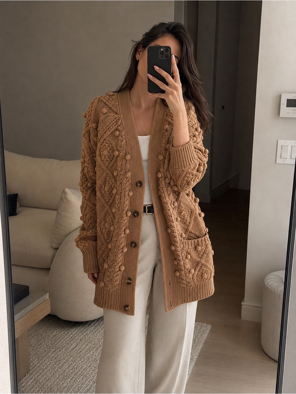 Wilfred by Aritzia Chunky Bobble Knit Cardigan – Camel Brown Sweater XXS